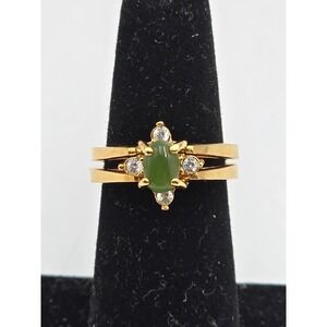 Vintage Avon Reversible Flip Ring SZ 6.5 Gold Tone Faux Jade Rhinestone NOS